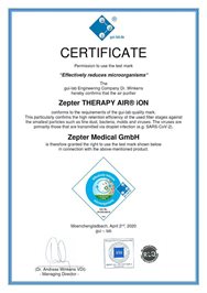 gui-lab.de sertifikāts Therapy Air ION gaisa attīrītājam